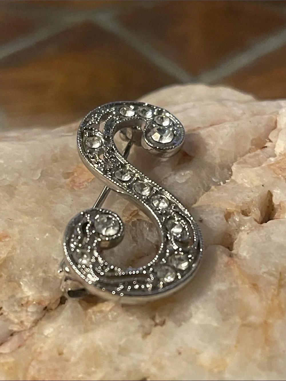 Monet Silver-Tone 'S' Brooch with Clear Crystals